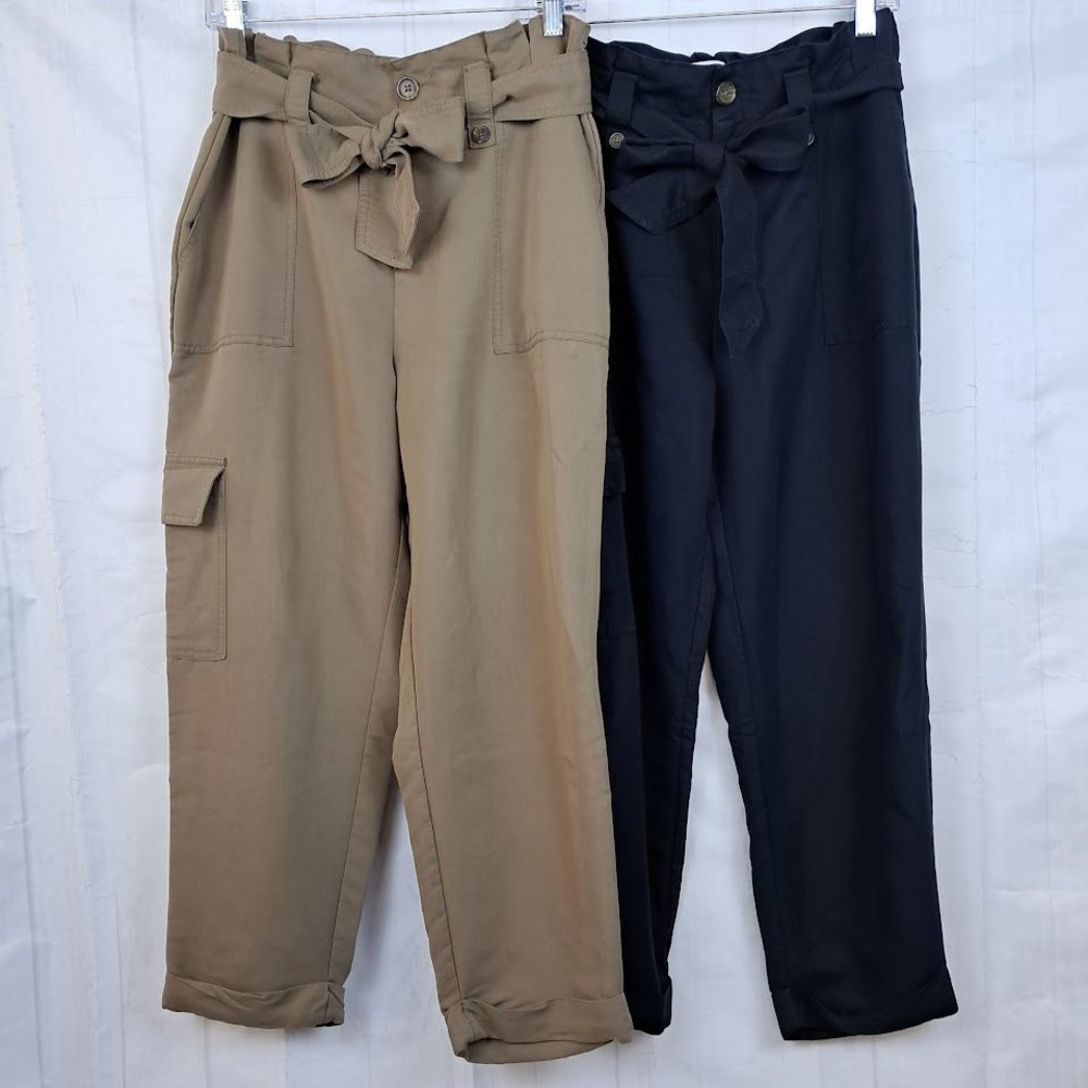 POPSUGAR 10 Paperbag Tie Waist Cargo Pants Set of‎ 2 Black Khaki Tan Wide Leg